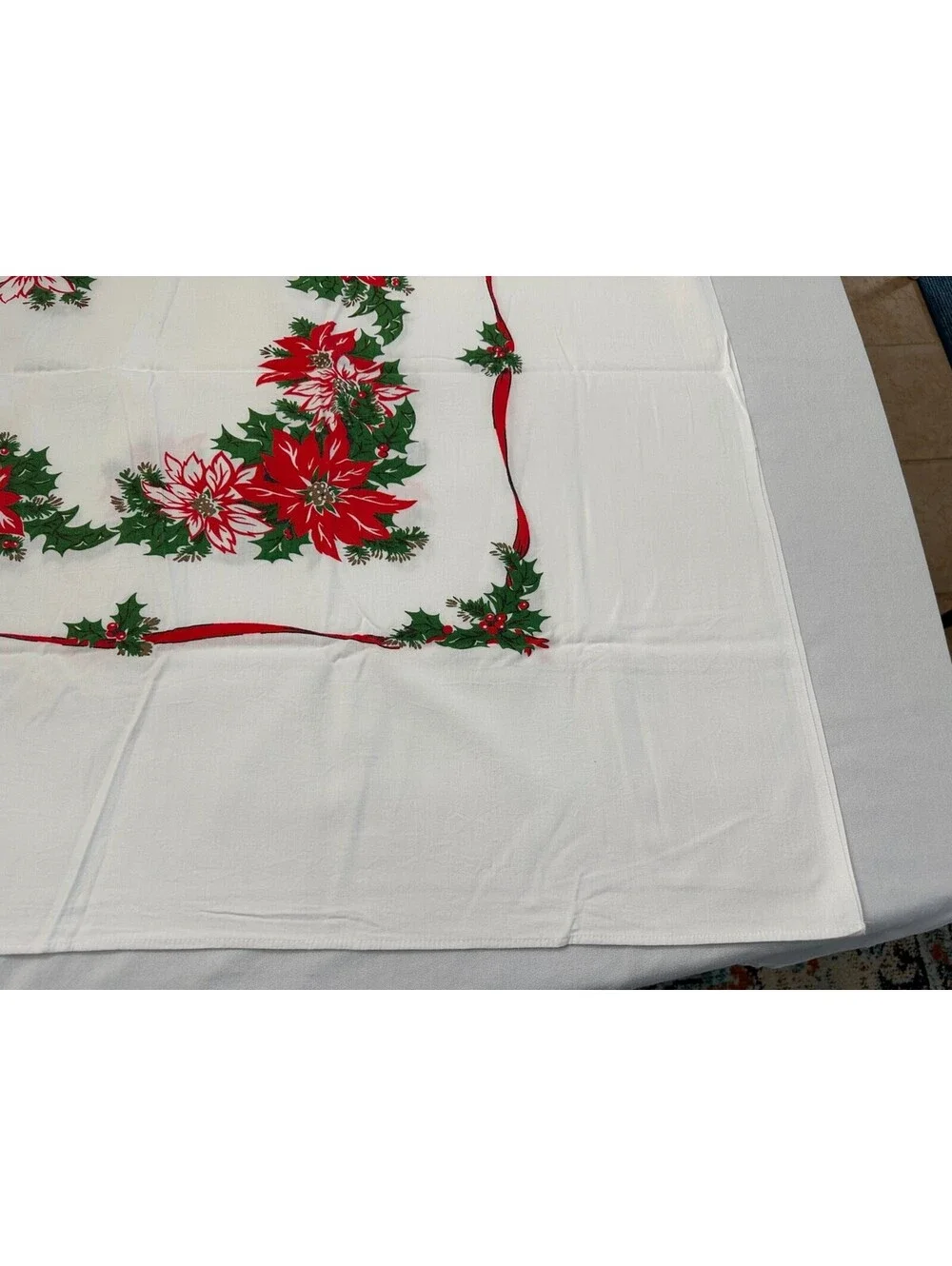 Christmas Holly Candle Poinsettia Holly Tablecloth White Red Rectangle